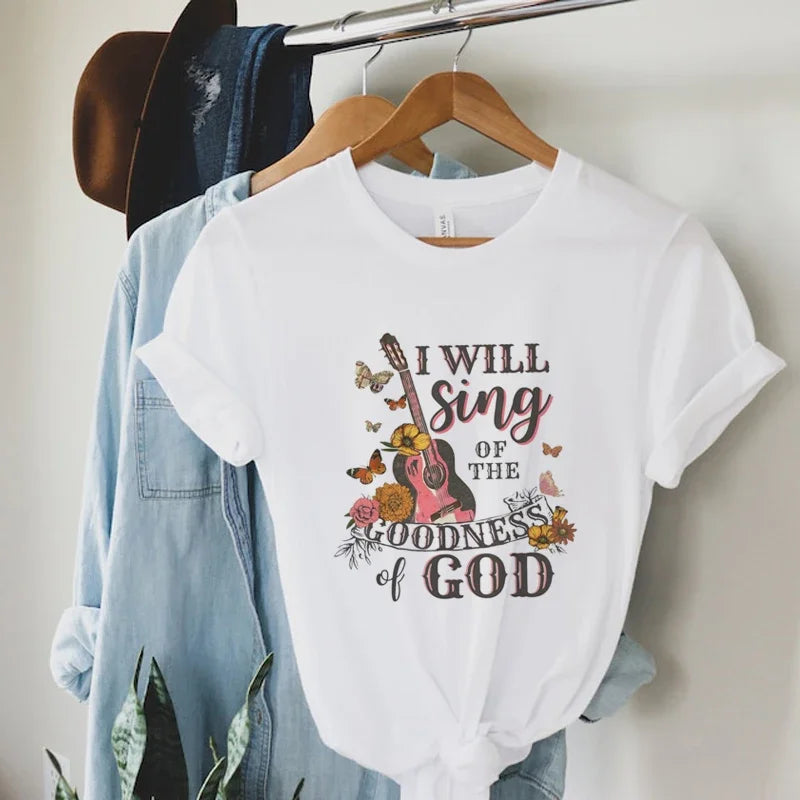 Women Vintage Boho Guitar Print Gospel Music T-Shirts