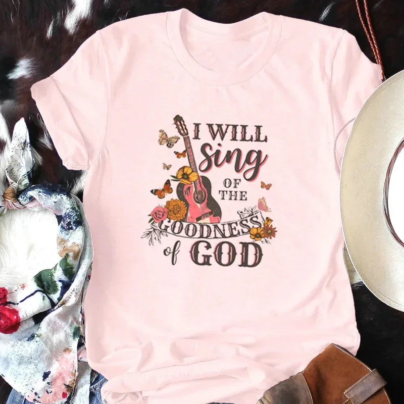 Women Vintage Boho Guitar Print Gospel Music T-Shirts