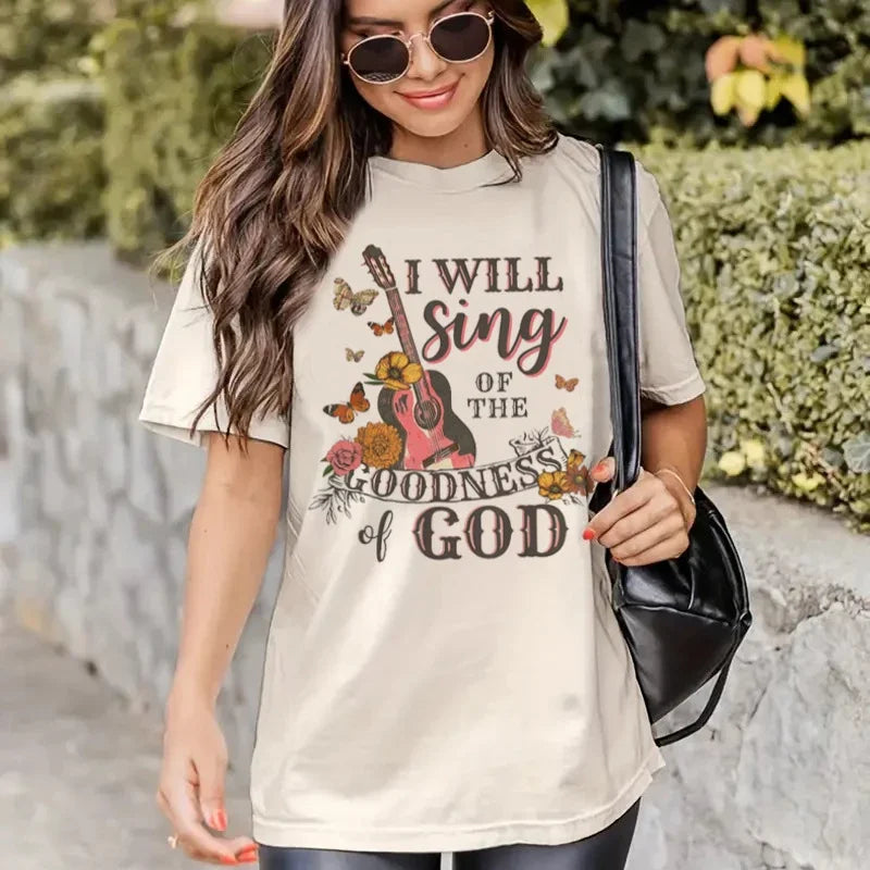 Women Vintage Boho Guitar Print Gospel Music T-Shirts