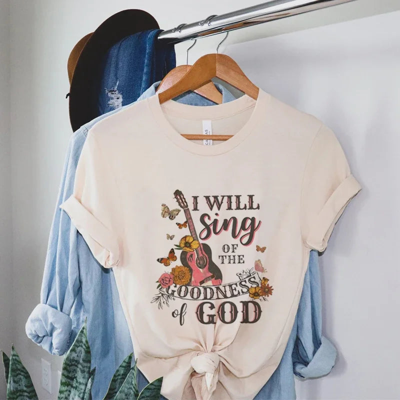 Women Vintage Boho Guitar Print Gospel Music T-Shirts